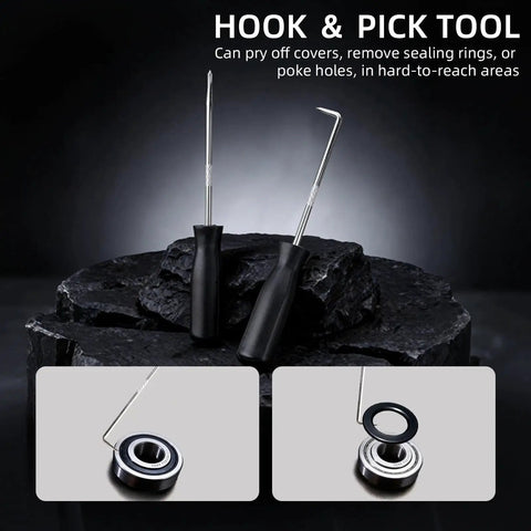 Close-up of hook and pick tools from 10 Piece Snap Ring Pliers Set Heavy Duty Internal And External Circlip Pliers Kit on dark background