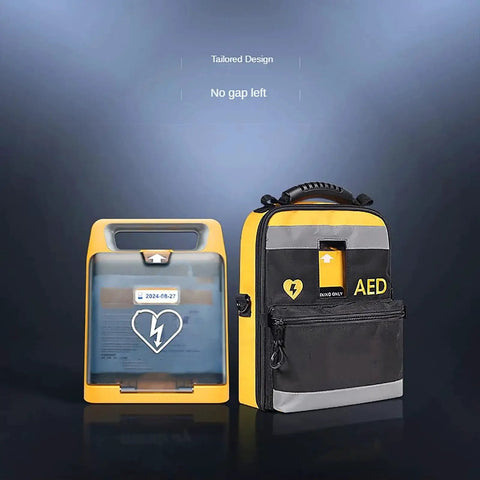 Durable AED Defibrillator Pouch for AED120MC With Two Layer Design and Reflective Strips next to protective case.