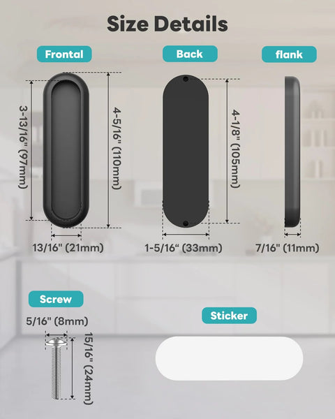 Size details of Stick-On 4 Inch Aluminum Drawer Pulls, One-Piece Rust-Proof Push-Pull Knobs for various installations.