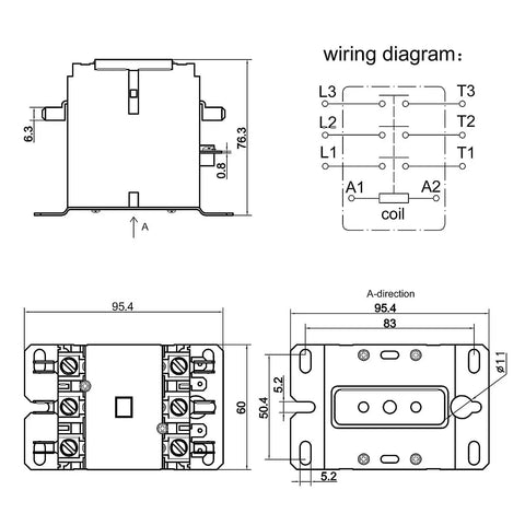Technical diagram of 3 Pole 40 Amp 24 VAC Coil AC Contactor Replacement For Air Conditioner Compressor Condenser Unit showing measurements and wiring.