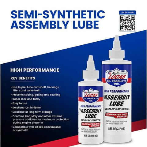 High-Performance Semi-Synthetic Assembly Lube For Engine Building And Pre Lubing Bearings Cams Lifters And Valve Train Prevents Dry Starts Seizing And Galling While Shielding Long Term Storage 8 Ounce Bottle displayed with benefits list and smaller bottle