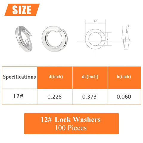 12# stainless steel split lock washers, 100 pieces, Amazon brand, for screws and bolts