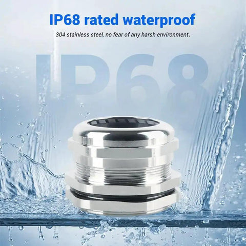 Stainless Steel NPT 1 Quarter Inch Cable Gland IP68 Waterproof Cord Grip with water splash background