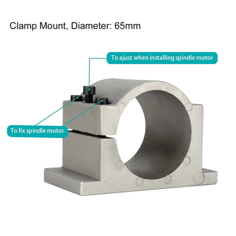 CNC Clamp Mount Bracket Support for 65mm Spindle Motors 0.8KW or 1.5KW cast aluminum construction with 3 screws visible.