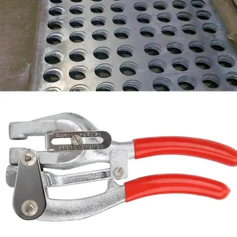 Heavy Duty Hand Held Hole Punch Kit For Sheet Metal With Power Punch Tool shown with red grips and punched metal example