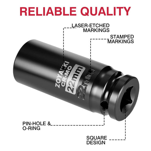 Deep 22 Millimeter 6 Point Impact Socket For One Half Inch Drive In Chromoly Steel showing laser-etched and stamped markings.