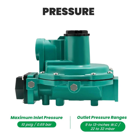 Two-Stage Propane Regulator delivers stable low-pressure output up to 10 PSIG; green back-mount with 3/4 NPT inlet/outlet