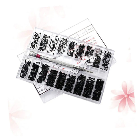 Miniature Screw Set Kit For DIY Repairs And Pros in clear storage case with assorted round and flat head carbon steel screws.
