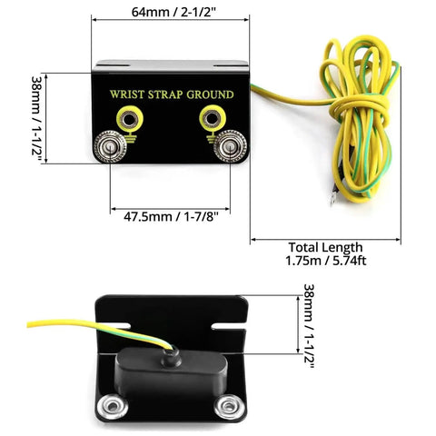 ESD Wrist Strap Grounding Kit with 5.74 foot terminal cable and anti static socket connector, anodized aluminum, dual parking studs shown.