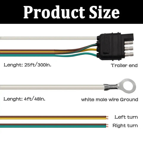 25 Foot 4 Way Flat Trailer Wiring Harness Extension Kit With Heavy Duty 18 Gauge White Ground Wire For Trailers, image detailing wire lengths