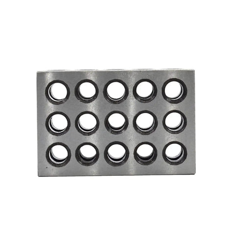 Front view of Matched Pair 1 2 3 Inch Machinist Blocks Set Up With 23 Hole Hardened Tool Steel Ground On All Sides For Precision
