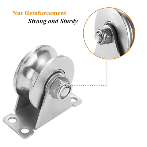 Close-up of U Groove Gate Track Roller Set with stainless steel construction and double bearings, showing nut reinforcement, 3-inch diameter.
