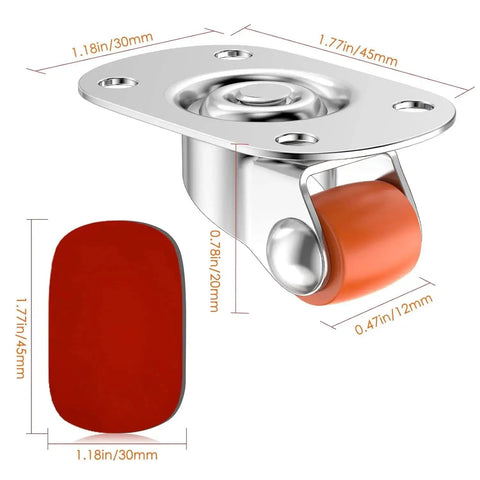 Self Adhesive Caster Wheels 0.75 Inch Oval Plate 360 Degree Swivel Nano Adhesive Bond Steel Plate 30 Lb Load Per Caster Easy Install