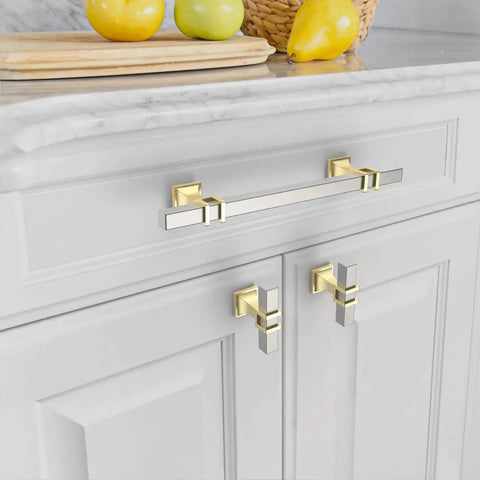 10 Pack 5 Inch Brushed Satin Nickel And Gold Cabinet Handles Set For Kitchen Cabinets And Cupboards, installed on white drawer