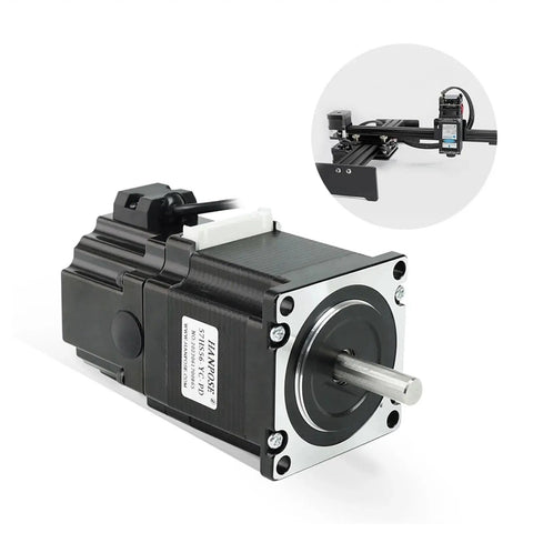 Angled front view of NEMA23 4-lead stepper motor with permanent magnet brake; black housing, silver flange, shaft