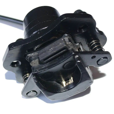 Close-up of rear hand hydraulic disc brake master cylinder caliper assembly with new brake pads for 50cc to 250cc ATVs