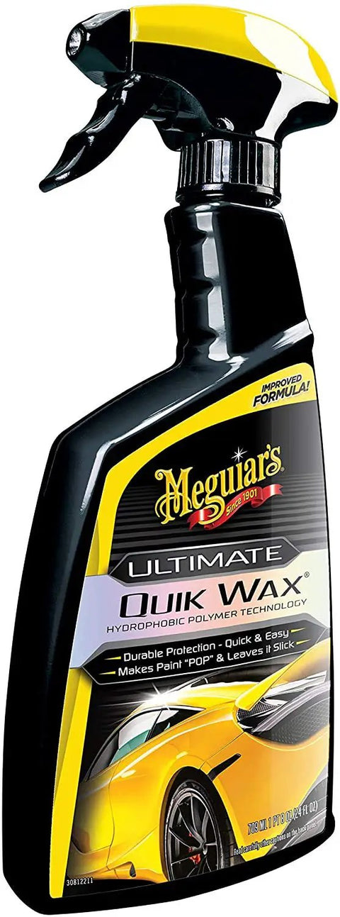 Ultimate Quik Wax With Hydrophobic Polymer Technology For Long Lasting Protection, Easy On And Off No Fuss, Superior Water Beading And Deep Wet Look Shine For Your Car, 709mL Meguiar's spray bottle side view.