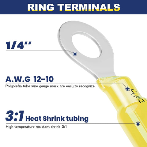 Ring terminal, 1/4" opening, yellow insulated, AWG 12-10, tinned red copper, heat-shrink, 100 pcs