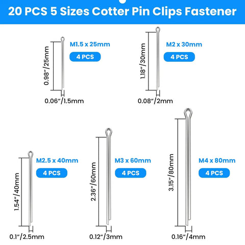Cotter Pin Assortment Kit With 20 Pieces Of 304 Stainless Steel Hairpin Clips Fasteners In 5 Sizes By SDTC Tech
