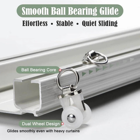 Close-up of Heavy Duty Conjoined Double Track Curtain Rail System Ceiling Mount White 9.5ft with Silent Ball Bearing Runners.