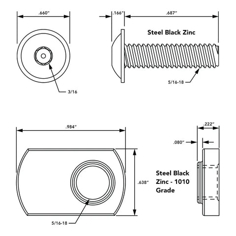 Diagram of 5/16-18 Flanged Button Head Socket Cap Screw Bolt With Slide-In Economy T-Nut Combo 0.687 Inch Length Black Zinc