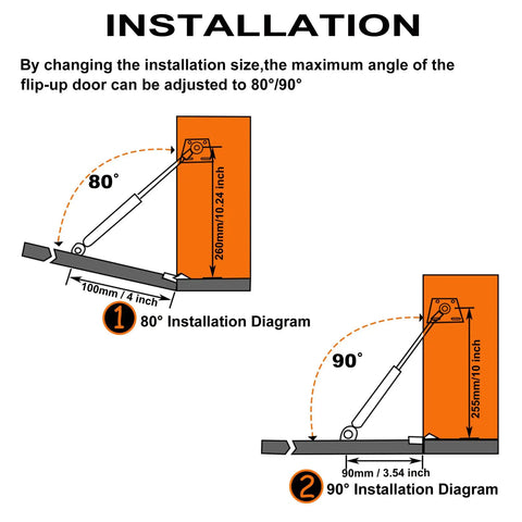 Installation diagram of 2 Pack Drop Down Gas Struts For Cabinet Doors 100N 22Lbs Soft Close Damper showing 80 and 90 degree angles.