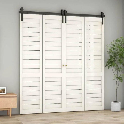 72 Inch Bi Fold Barn Door Hardware Track Kit For Four Doors Heavy Duty Sturdy J Shape System installed on four white doors