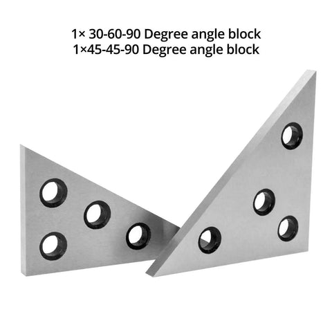 Solid 1045 Steel Angle Block Set Two Piece Pro Grade Machinist Precision Measuring Tool For Calibration And Setup With 30 60 90 And 45 45 90 Degree Angles And Four Mounting Holes For Easy Install And Durable Long Lasting Construction.