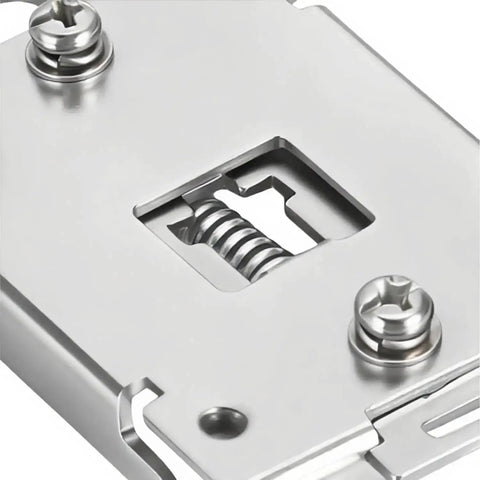 Close-up of stainless steel 35mm DIN rail mount bracket with screws for electrical panels, part of Two Pack 35mm DIN Rail Mount Brackets With Screws.