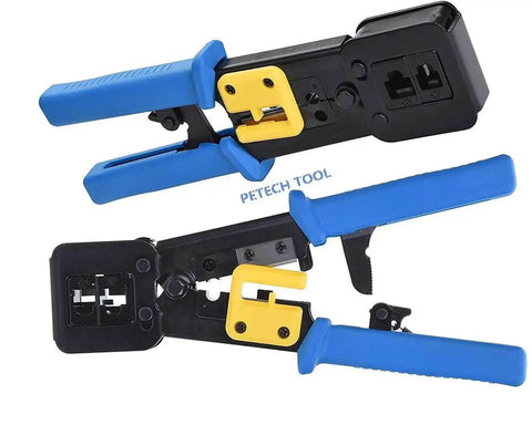 Pro Grade Ethernet Crimp Tool For Pass Through And Standard Ends Heavy Duty Crimper with blue and yellow handles, two views