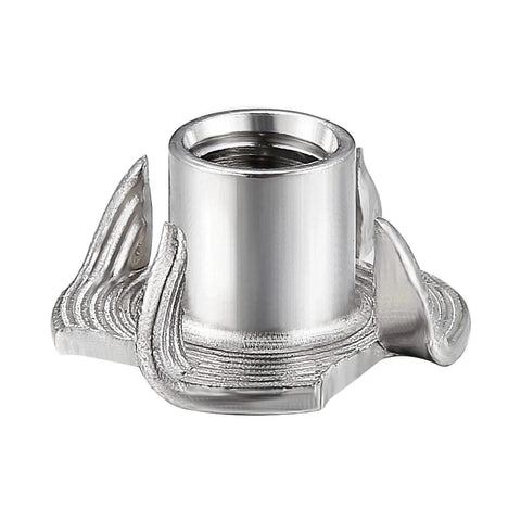 304 Stainless T Nut 100 Pack Four Jaw Quarter Inch 20 Thread For Home Outdoor, stainless steel T-nut, four-prong, close-up view