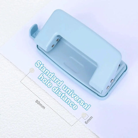 Two Hole Paper Punch Metal Blue Desktop Puncher for File Folders and Loose Leaf Books showing standard hole distance measurement.