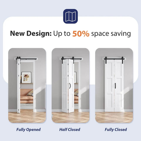 White Bifold Barn Door For Closet With Solid MDF Build And Waterproof PVC Surface, Double Panel 30x84 Sliding Bi Fold Door