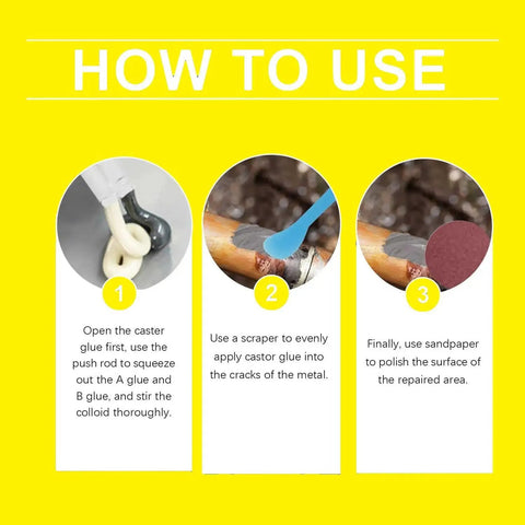 Instructions for using Two Pack Strong Foundry Glue For Metal Heavy Duty Repair Adhesive, showing squeezing, applying, and sanding steps.