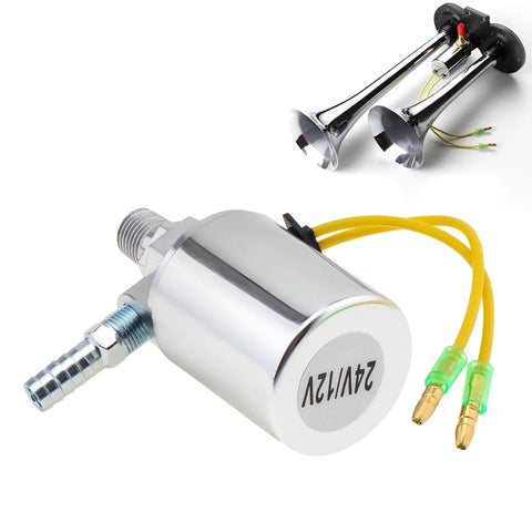 Air Horn Solenoid Valve One Quarter Inch NPT For 12V And 24V DC Systems, chrome plated, 150 PSI, shown with air horns
