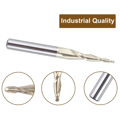 Tapered Ball Nose End Mill For 3D Carving With One Quarter Inch Shank And One Thirty Second Inch Radius ZrN Coated Two Flute Router Bit For Engraving And CNC Wood Sign Making SpeTool with close-up views and industrial quality label.