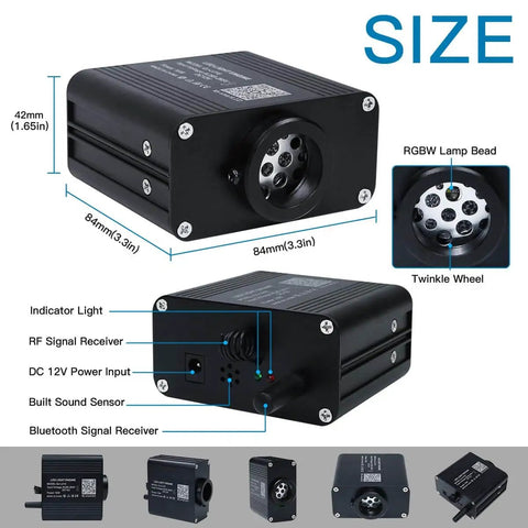 Lit Twinkle Fiber Optic Star Ceiling Kit RGBW light engine close-up with connectivity ports and dimensions.