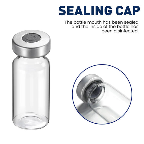 Glass 10ml sterile vial with self-healing injection port and sealing cap for injections