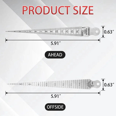 Stainless Steel Double Sided Welding Taper Gauge Feeler Gauge Depth Gauge And Aperture Ruler with 1 to 15 mm scale shown.