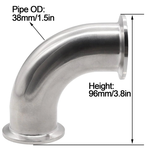 Stainless steel sanitary 90-degree elbow pipe fitting, 1.5 in tube OD, 304 SS, flanged ends