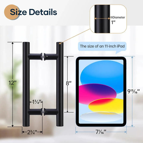 12 Inch Double Sided Push Pull Door Handle Set Matte Black Stainless Steel For Glass And Wood Doors Ergonomic Chamfered Edges H Shape Design Anti Rust Durable And Long Lasting 2 Pack For Easy Installation And Modern Style with size comparison to 11-inch tablet.