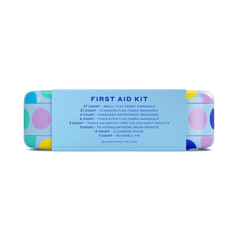 70 Count First Aid Kit With Flexible Fabric And Waterproof Bandages And Antibiotic Ointment Packets shown in a colorful reusable tin