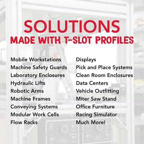 Poster listing uses for 1.5 Inch By 1.5 Inch T Slot Aluminum Extrusion 15 Series, including mobile workstations and robotic arms.