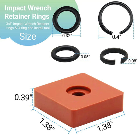 10 Pack Three Eighths Inch Impact Wrench Retaining Ring Clip Kit With O Ring And Anvil Install Tool for Cordless Pneumatic and Electric Impact Wrenches Replacement Parts Durable Carbon Steel With Heat Resistant O Rings showing various components and dimensions