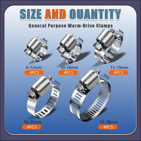 Hose Clamps Assortment Kit 20 Pieces One Quarter To One And A Half Inch Stainless Steel Adjustable Worm Gear Tube Clamps