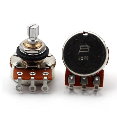 Four Pack Of 500K Short Split Shaft Audio Taper Potentiometers For Guitars With Low Friction Rotation And Three Eighths Inch Imperial Bushings Includes Hardware With 2 Nuts Dress Washer And Lock Washer Bourns