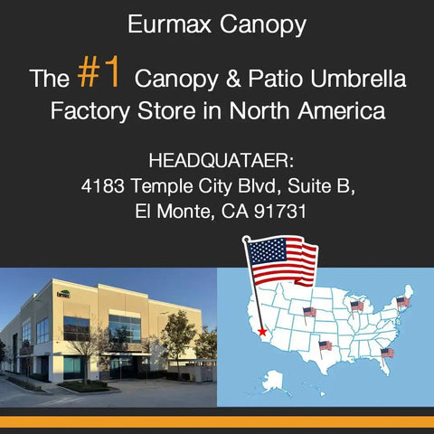 Eurmax Canopy store with US map showing factory locations and El Monte address listed.