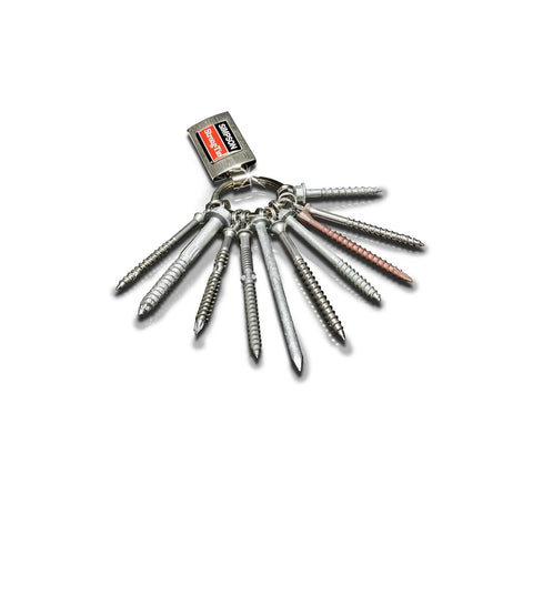 DSVT4MB Deck-Drive DSV Wood Screw 10 x 4 Inch Flat Head T-25 With Quik Guard Tan on metal keyring with sample screws