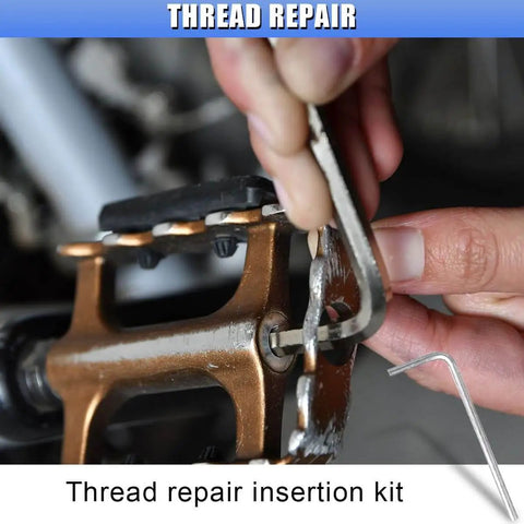 Close-up of 30Pcs M6 x 1.0mm Thread Repair Inserts Kit For Auto Repair being used on metal part, showing wrench and insert