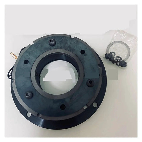 Single-plate electromagnetic brake housing, circular flange with bore and mounting holes; dark steel finish with screws.